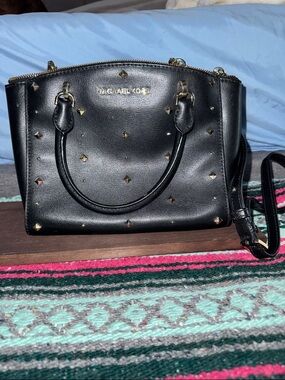 Michael Kors Black Leather Studded Satchel with Gold Hardware